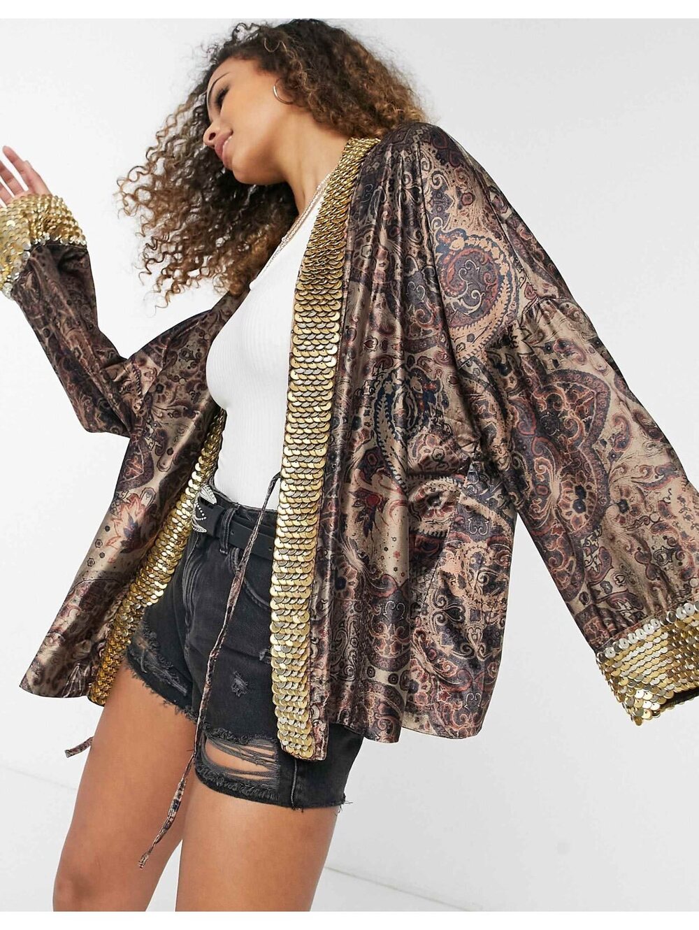 Free People Layla Embellished Printed Velvet Kimono Jacket Large